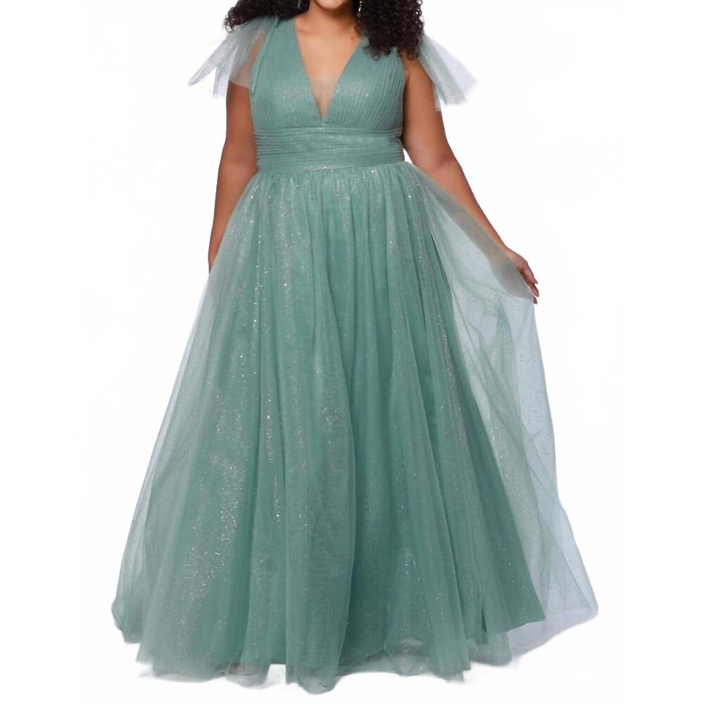 NEW SYDNEY'S CLOSET v-neckline with tone-on-tone mesh dress in sage